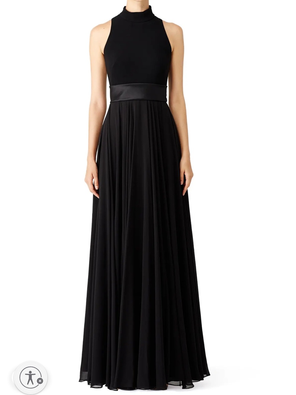 Theia Black High-Neck Satin-Waist Maxi Dress